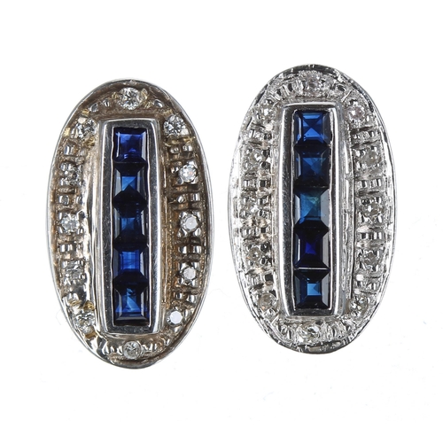 375 - Pair of 9ct white gold oval sapphire and diamond cluster earrings, 3gm, 14mm x 8mm