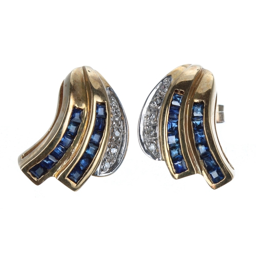 376 - Pair of 9ct sapphire and diamond cluster earrings in the Art Deco style, 3.7gm, 16mm... 