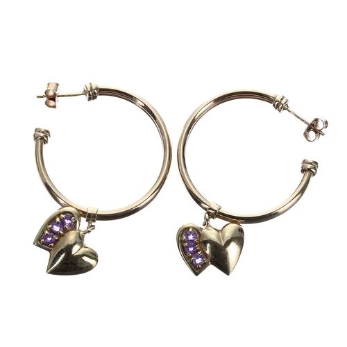 378 - Pair of 9ct hoop earrings with amethyst set heart design drops, 6.9gm, 28mm diameter... 