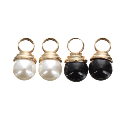 381 - Four similar 9ct pendants, two set with pearls and the the others with black onyx, 8.8gm, each 18mm ... 