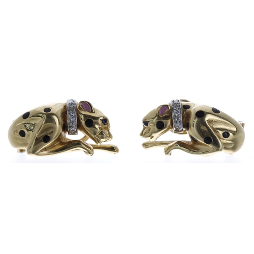 387 - Pair of 18ct panther design black enamel and diamond earrings, 16.2gm, 24mm