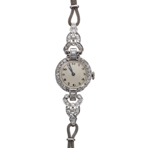 86 - Attractive mid-20th century platinum diamond set lady's cocktail wristwatch on a 9ct woven link brac... 