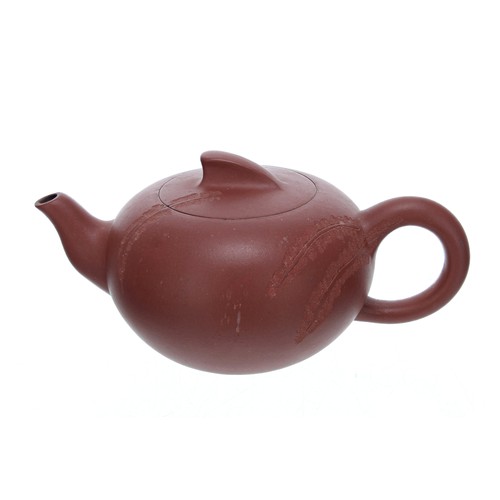 835 - Chinese Yixing red ware pottery teapot, with impressed leaf decoration, bearing character mark stamp... 