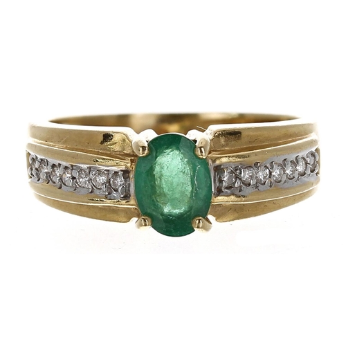 170 - 18ct yellow gold emerald and diamond dress ring with set shoulders, the emerald 0.80ct approx, width... 