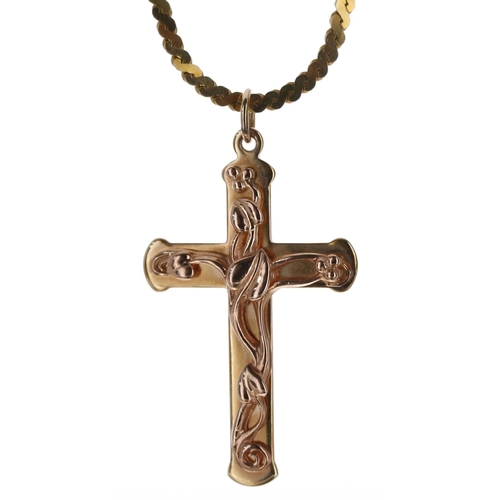 195 - Clogau Gold 9ct cross pendant on a 9ct necklace, the pendant 43mm, the necklace 18