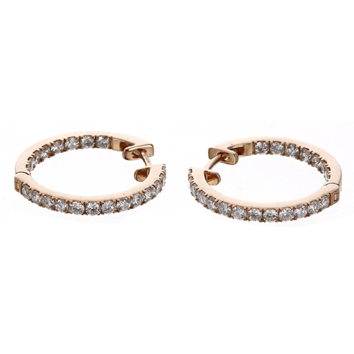 240 - Pair of 18ct rose gold 'in and out' diamond hoop earrings, round brilliant-cuts, 3.6gm, 19.5mm; with... 