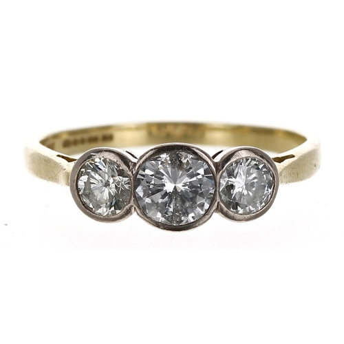 250 - 18ct yellow gold three stone diamond ring, round brilliant-cuts in a rub-over setting, estimated 0.9... 