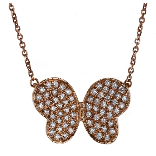 269 - Modern 18ct pink-gold pavé diamond butterfly necklet, 2.7gm, the pendant 15mm wide; with box... 