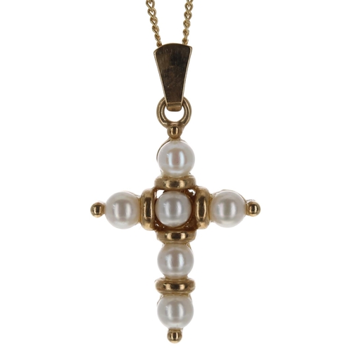 324 - 9ct cultured pearl cross pendant on a fine necklace, 4.1gm, the pendant 31mm, the necklace 16