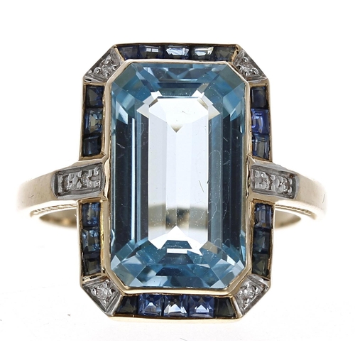 326 - Attractive 9ct blue topaz, sapphire and diamond dress ring, width 18mm, 5.6gm, ring size N; with box... 