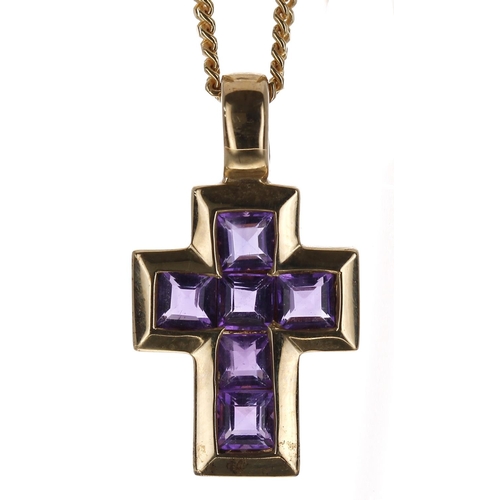 379 - 9ct amethyst cross pendant on a fine neck chain, set with six princess-cuts, 4.2gm, the pendant 21mm... 