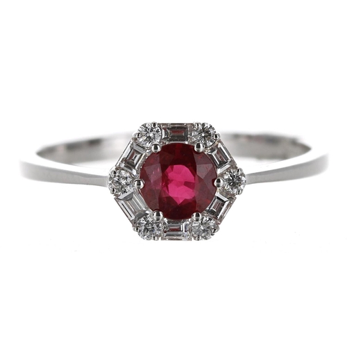 382 - Good quality 18ct white gold ruby and diamond cluster ring, the ruby 0.60ct approx, 7mm, 2.4gm, ring... 