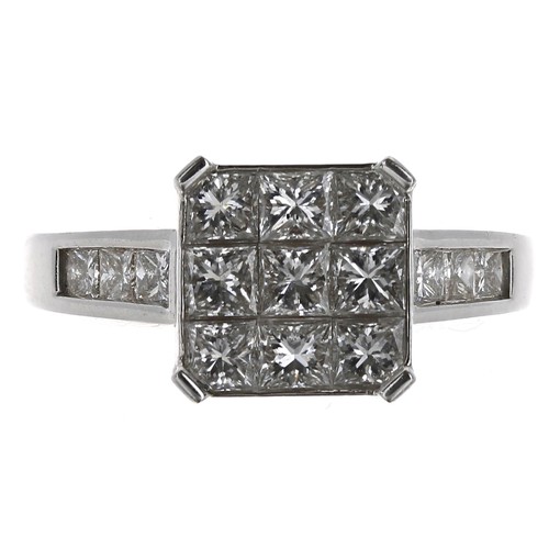 127 - Good modern 18ct white gold diamond square cluster ring with set shoulders, princess-cuts, 1.00ct ap... 