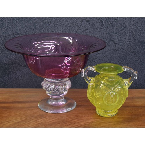 564 - Andrew Hay cranberry glass comport, with a flared rim on a clear glass support, signed and numbered ... 