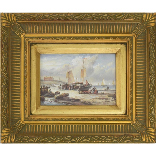 981 - Continental School (20th century) - a beach scene at low tide with figures unloading fishing boats, ... 