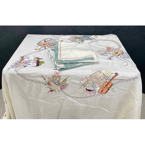 782 - Decorative fine embroidered square tablecloth with Musical and Arts decoration; 70