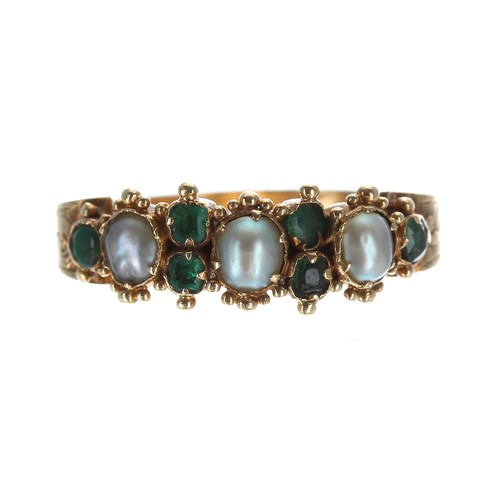 300 - Attractive 19th century gold pearl and emerald ring, in an engraved shank, 7mm, 1.8gm, ring size K/L... 