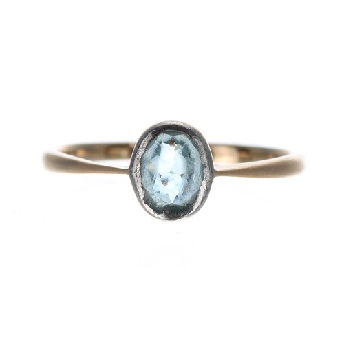 302 - Antique 18ct rub-over set aquamarine oval single stone set ring, 0.50ct approx, width 7mm, 1.6gm, ri... 