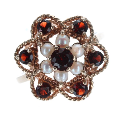 311 - Fancy 9ct garnet and pearl cluster ring, 18mm, 4.3gm, ring size Q/R