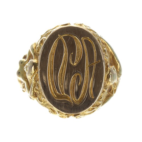 397 - Good 14ct yellow gold oval intaglio ring, the shoulders cast with mermaids, inscribed to the inner s... 