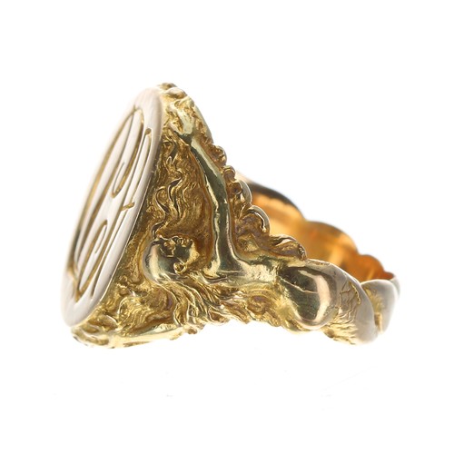 397 - Good 14ct yellow gold oval intaglio ring, the shoulders cast with mermaids, inscribed to the inner s... 