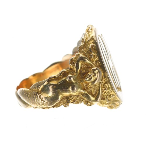 397 - Good 14ct yellow gold oval intaglio ring, the shoulders cast with mermaids, inscribed to the inner s... 