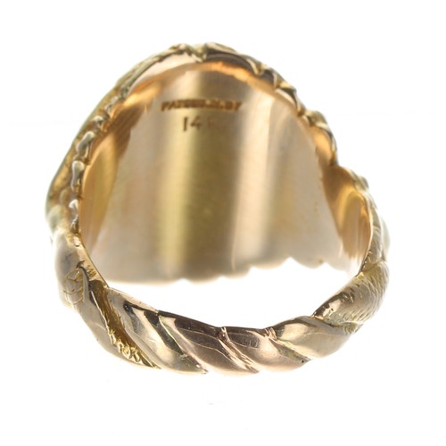 397 - Good 14ct yellow gold oval intaglio ring, the shoulders cast with mermaids, inscribed to the inner s... 