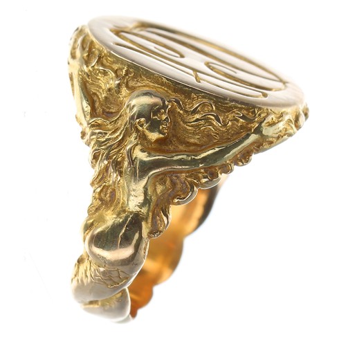 397 - Good 14ct yellow gold oval intaglio ring, the shoulders cast with mermaids, inscribed to the inner s... 