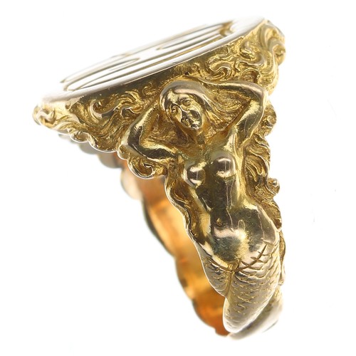 397 - Good 14ct yellow gold oval intaglio ring, the shoulders cast with mermaids, inscribed to the inner s... 