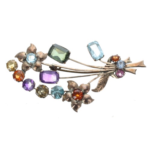 270 - Attractive gold gem set floral spray brooch, to include topaz, amethyst and citrine, 7.1gm, 61mm... 