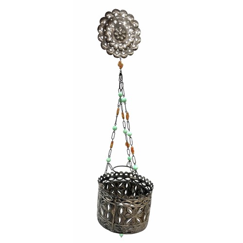 796 - 19th century Peruvian silver pendant lamp shade, the floral medallion over a pierced repousse decora... 