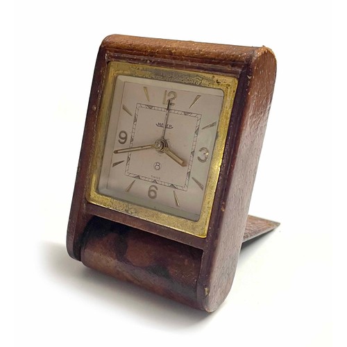 800 - Jaeger 1930s tan leather bound folding travel clock with alarm, 3.75