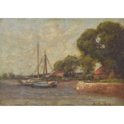 974 - William F. Burchell (ex. 1909-1937) - River landscape with boats, signed, oil on canvas board, 10.25... 