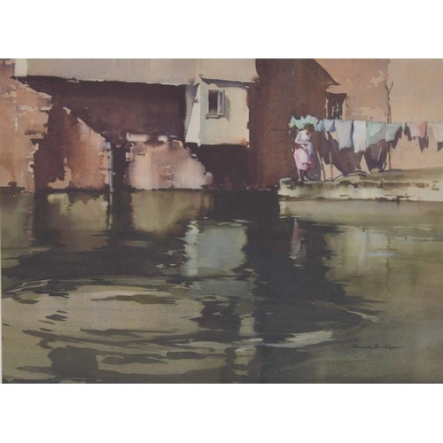 942 - Claude Henry Buckle RI, RSMA (1905-1973) - 'Washing Day', a girl hanging out washing beside a buildi... 