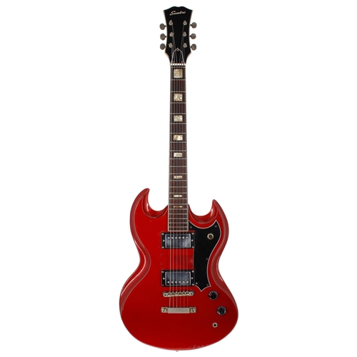 681 - 1970s Sumbro SG Type electric guitar, made in Japan; Body: metallic red finish, dings and blemishes ... 