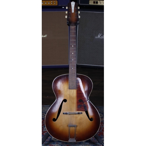 685 - 1950s Aristone archtop guitar; Body: tobacco sunburst finish, lacquer checking, minor dings and scuf... 