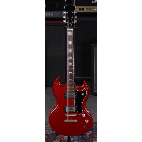 702 - 1970s Sumbro SG Type electric guitar, made in Japan; Body: metallic red, dings and chips to paint; N... 