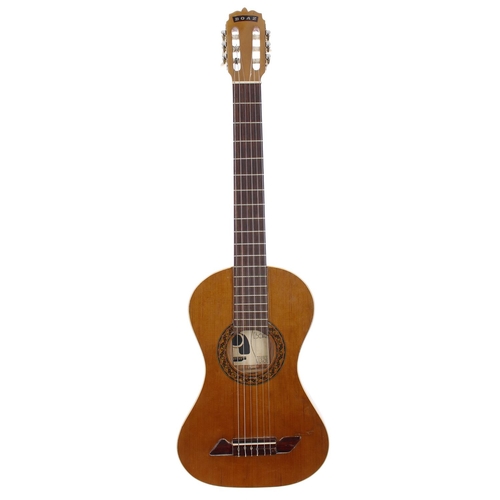 3532 - 1990s Boaz Elykman acoustic nylon string travel guitar; Body: slimline waisted body in natural finis... 