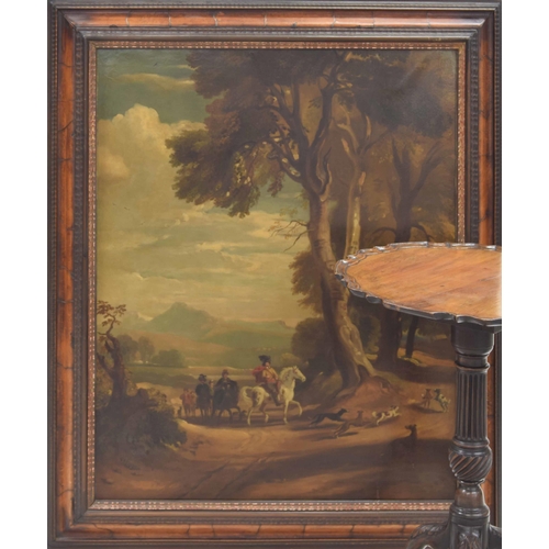 Follower of Jan Wynants (18th/19th century) - Gentlemen on horseback with their hounds nearby, commencing a hunting expedition, with an extensive mountainous landscape beyond, oil on canvas, 37" x 30"; within a decorative veneered moulded frame with gilt inner moulding