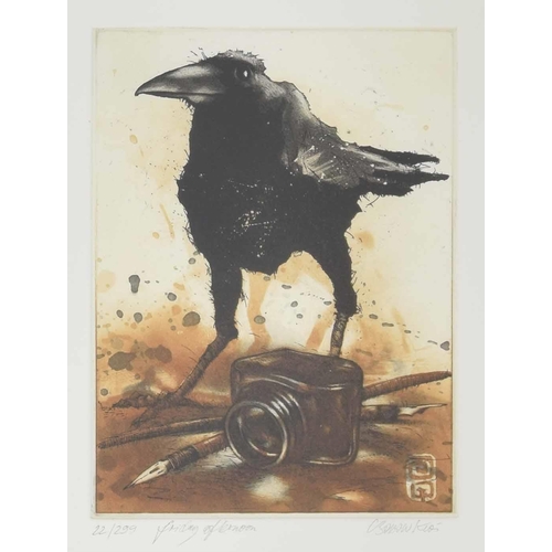 811 - Bodo W Klos (German, born 1952) - 'Friday Afternoon', a crow with a tipped ink bottle and pens, limi... 