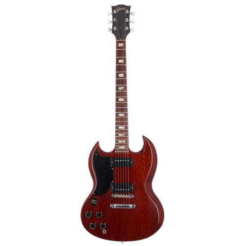 127 - 1974 Gibson SG Special left-handed electric guitar, made in USA; Body: cherry finish, buckle scratch... 