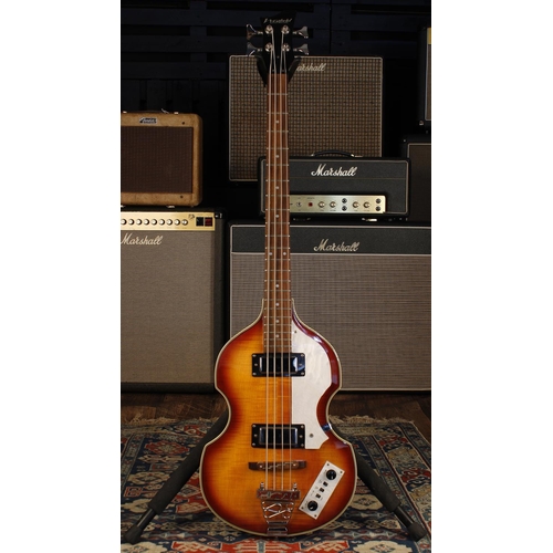 678 - Westfield violin bass guitar; Body: sunburst finish, a few minor dings; Neck: good; Fretboard: walnu... 