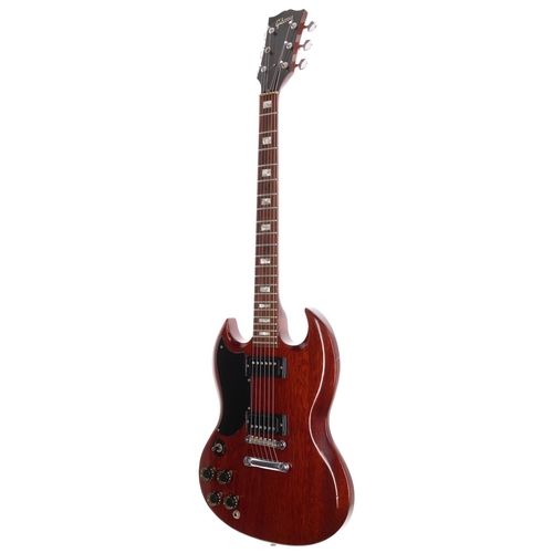 127 - 1974 Gibson SG Special left-handed electric guitar, made in USA; Body: cherry finish, buckle scratch... 