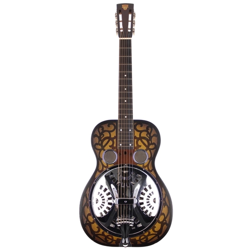 253 - Dobro Model 65 resonator guitar, made in USA, circa 1930; Body: green burst French scroll sandblaste... 