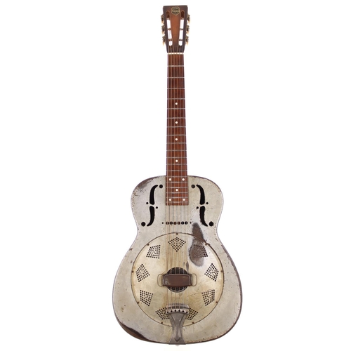 267 - National Duolian resonator guitar, made in USA, circa 1935; Body: Duco Frost finish metal body, heav... 