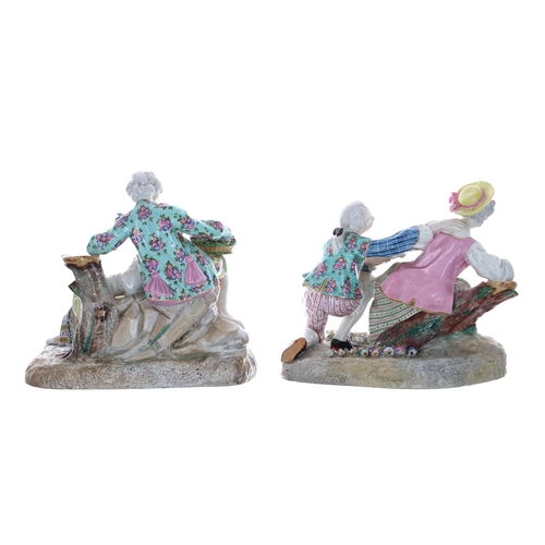 1252 - Pair of Meissen style porcelain figural groups, of courting couples, each bearing an underglaze blue... 