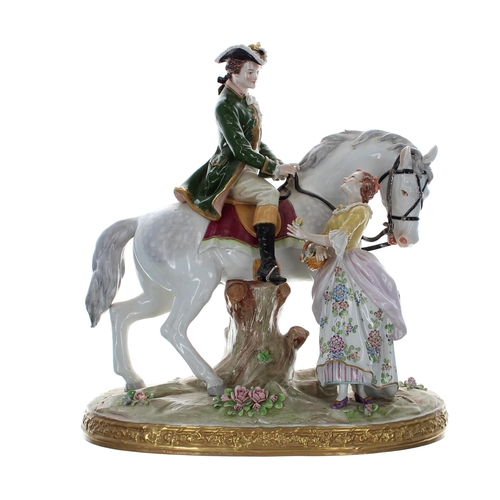 1215 - Good pair of large Sitzendorf porcelain equestrian figural groups, a man in a green frock coat seate... 