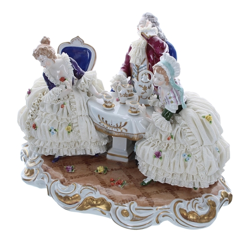 1244 - Unterweissbach porcelain figural group interior scene, two ladies and a gentleman seated at a table ... 