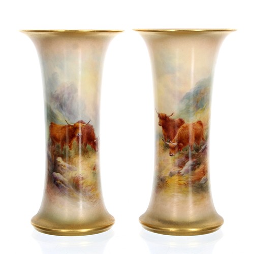 1262 - Pair of Royal Worcester porcelain vases with flared rims, painted with Highland cattle by and signed... 