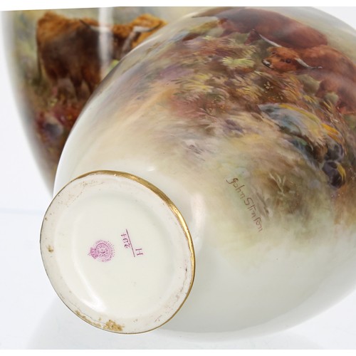 1263 - Fine pair of Royal Worcester porcelain ovoid vases with covers, with painted scenes with Highland ca... 